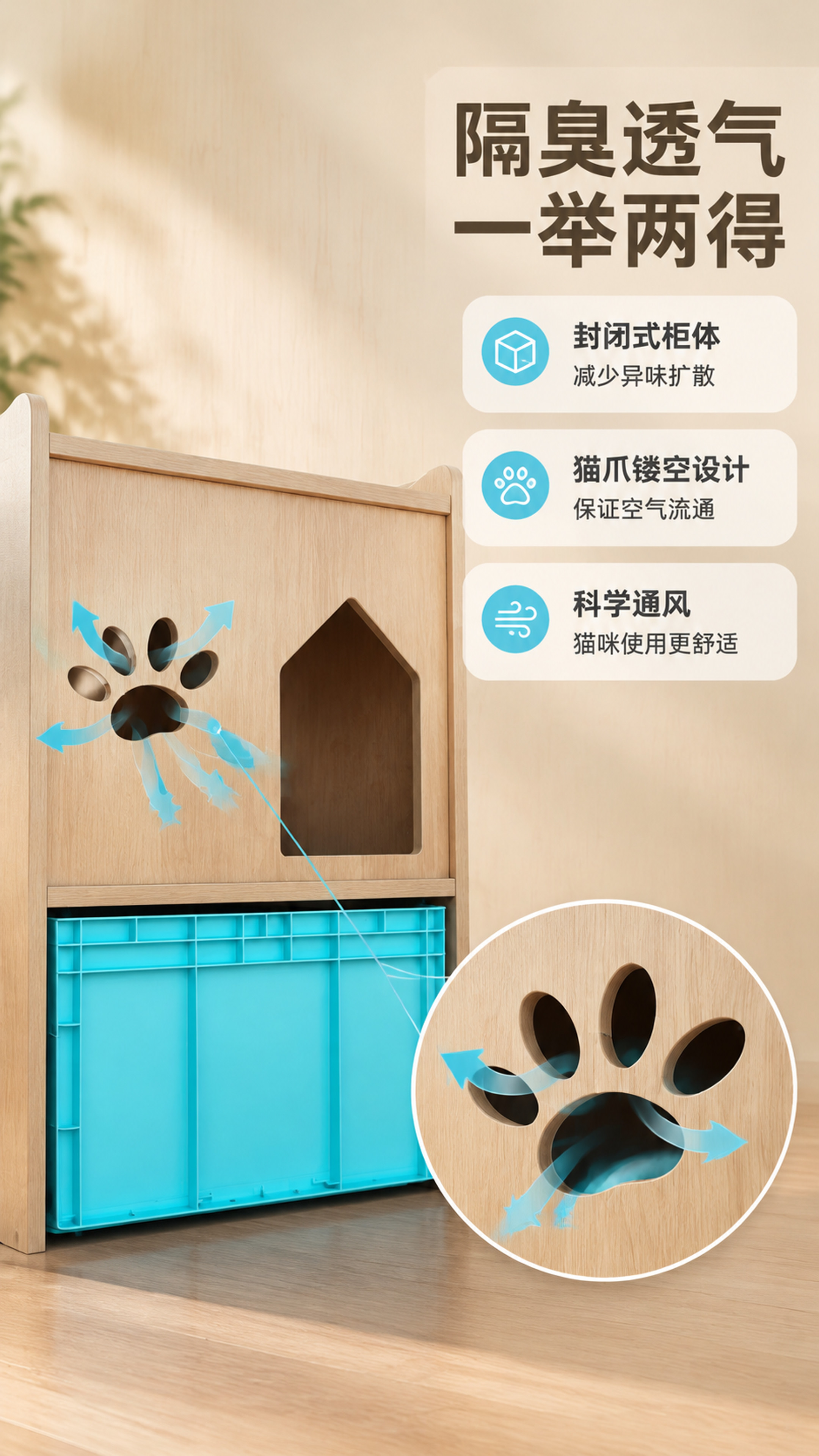 [商品] 使用【图1】【图3】浅原木色猫砂柜；保留猫爪镂空透气… - 图片创意预览