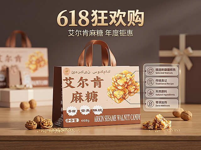 618商业营销海报，包含艾尔肯麻糖商品精简信息图元素，高质感暖棕配色，f/2.8柔和景深，照片写实风格，无畸变，突出618营销主题