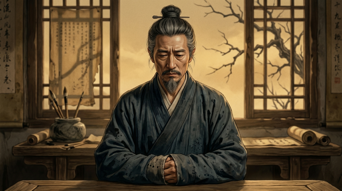 严格以上传的人物三视图中韩愈的形象为准，保留原人物清癯冷峻的面容、花白束发、藏青粗布直裾深衣和老旧玉珏的全部特征，生成近景特写半身像，平视视角，居中对称构图，核心主体为端坐的韩愈；调整姿态为眉眼低垂，预览效果
