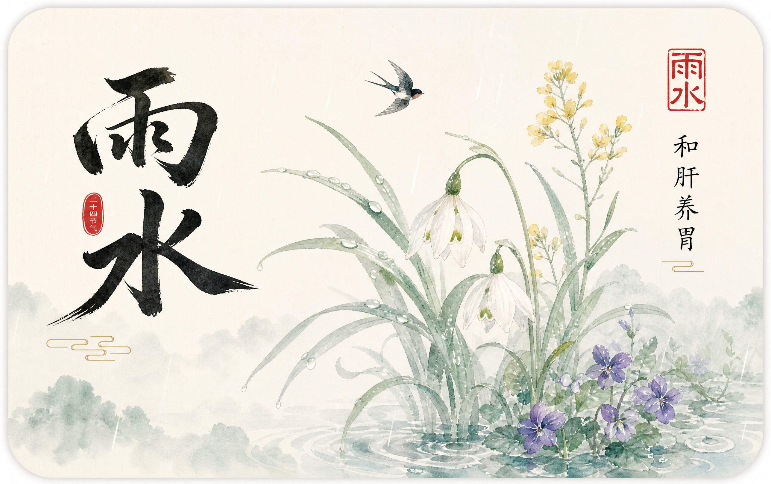 中国风24节气之雨水卡片，圆角矩形白底卡片，左侧大字书法体写"… - 图片创意预览