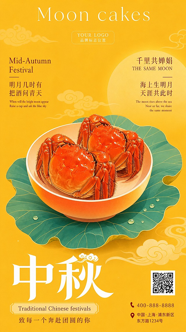 9:16竖版商业海报，简约扁平国风插画风格，明亮暖黄色背景，柔和浅祥云纹样，画面中心是两只红熟大闸蟹，放置在橙白渐变圆碗内，碗下衬青绿色荷叶，整体干净通透。 排版布局： 顶部预留空白区域放置品牌LOGO位置； 海报最上方英文标题："Moon cakes"，白色纤细衬线字体，无渐变； 画面左上文字："Mid-Autumn Festival"，诗词文字"明月几时有 把酒问青天"，中英文对照； 画面右上文字："千里共婵娟 THE SAME MOON"，"海上生明月 天涯共此时"中英文对照； 画面底部大字："中秋"，白色装饰字体，无渐变；底部黄色底色文字块，文字："Traditional Chinese festivals"，下方中文文案："致每一个奔赴团圆的你"；右下角预留位置，依次放置二维码、联系电话、门店地址。 整体配色：明黄、正红、青绿色、暖橙色，所有文字字体纯色无渐变、无立体浮雕效果，8K高清，印刷级精度，海报完整构图，国风现代感，柔和光影，无多余杂物，商业宣传海报，留白合理。