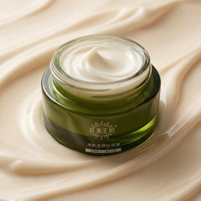 将图中的觅美王妃净肤清颜祛痘膏，替换为图2的场景风格，膏体呈现出细腻的乳霜质感，背景为浅米色流动乳霜质感，容器保持原有的深绿瓶身搭配金属瓶盖，整体呈现高级柔和的美妆产品质感预览效果