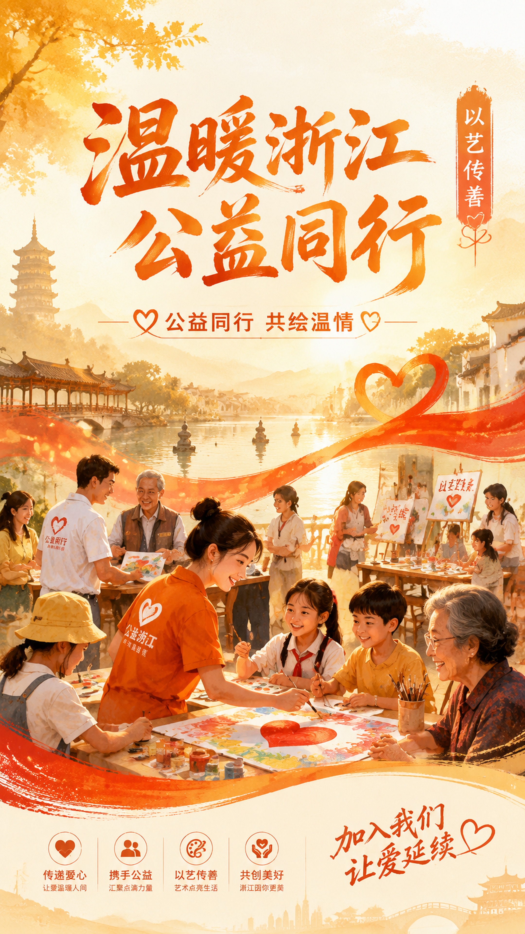 温暖浙江公益同行主题公益海报，暖色调人文艺术风格，融入浙江地域… - 图片创意预览