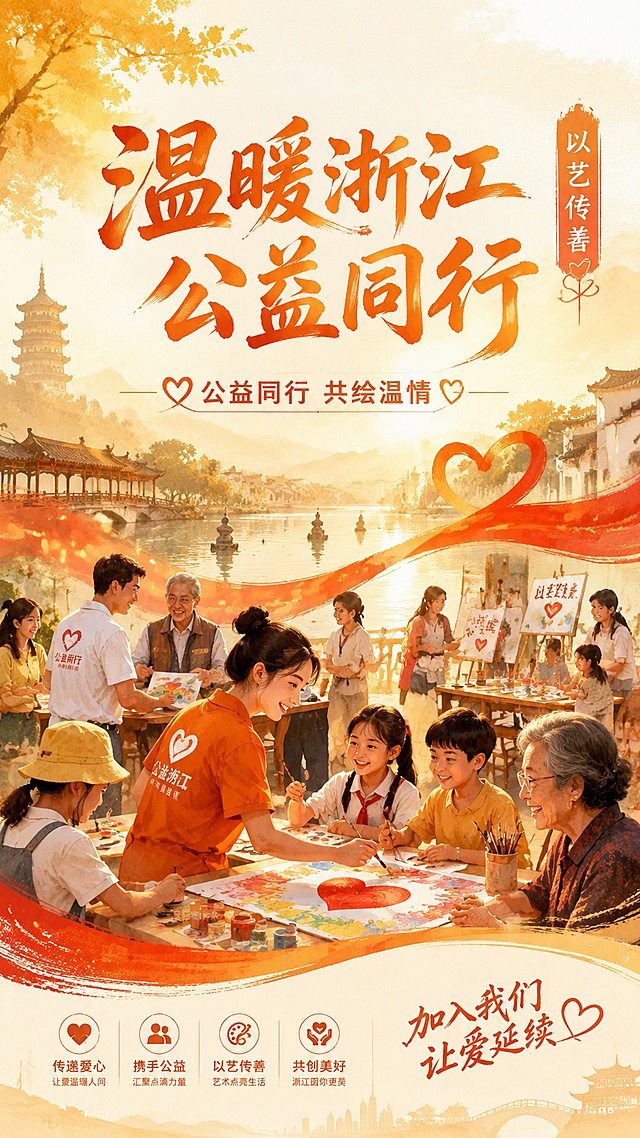 温暖浙江公益同行主题公益海报，暖色调人文艺术风格，融入浙江地域特色元素，画面呈现艺术公益活动场景，群众共同参与公益描绘温情画面，氛围温暖治愈。画面包含文字：主标题"温暖浙江 公益同行"，副标题"公益同行 共绘温情"，装饰文字"以艺传善"。版式精美，构图层次丰富，文字清晰可读，贴合大众审美，传递浙江温度，号召全民参与公益。