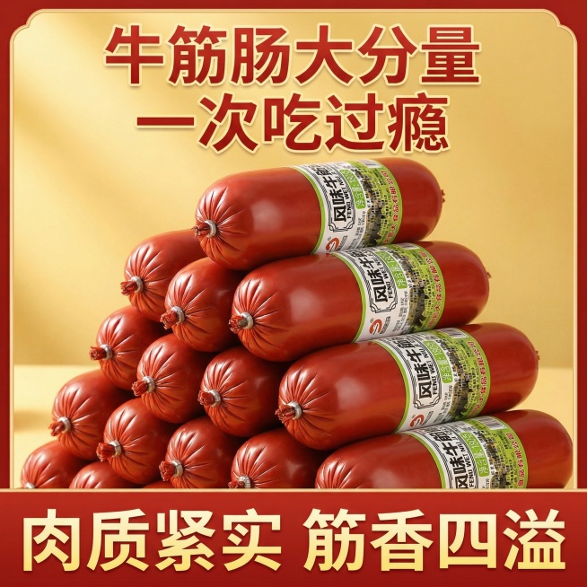 我的产品是牛筋肠，帮我做10张主图产品堆积起来突出产品多预览效果