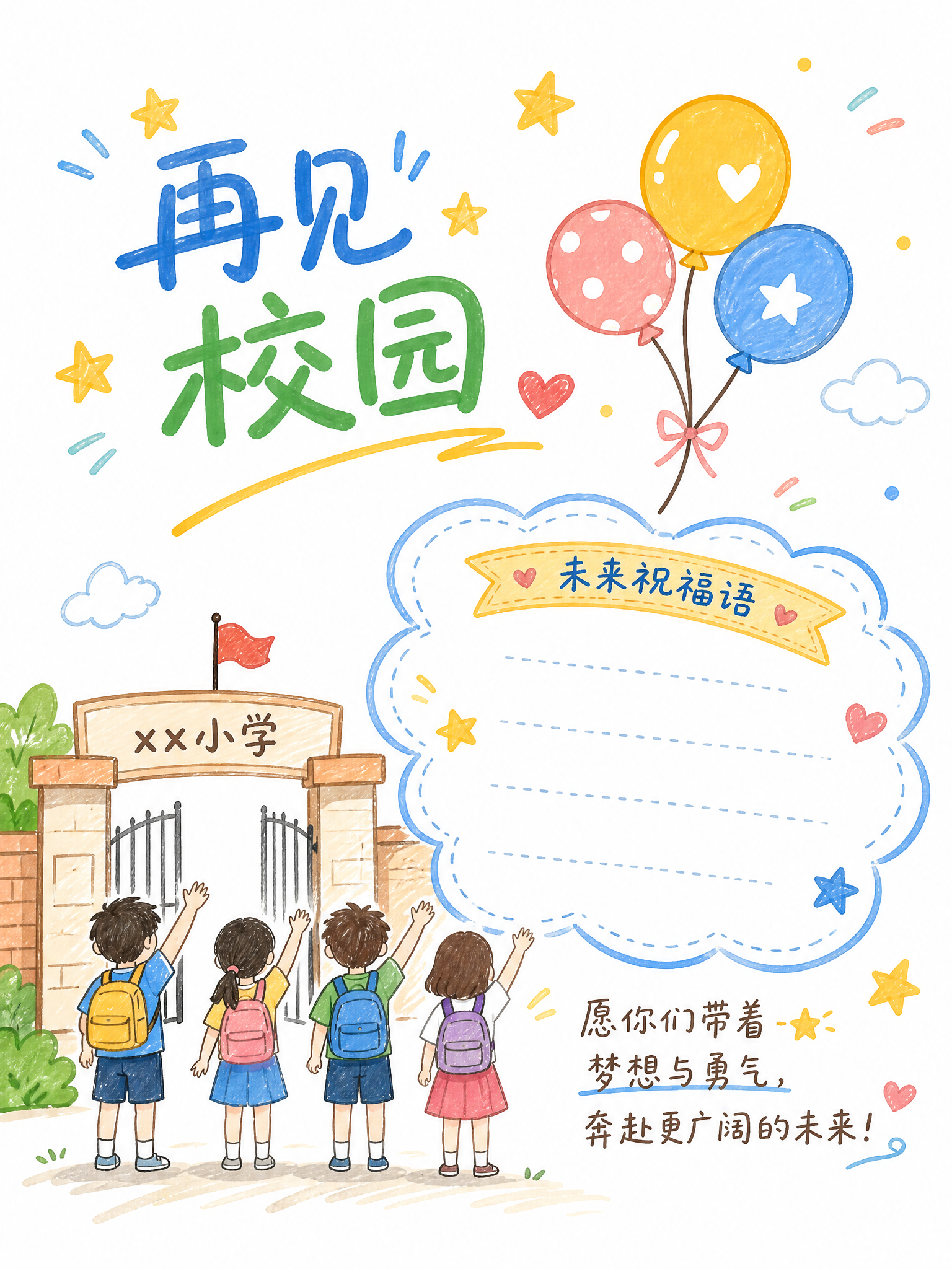 六年级成长纪念册封底：再见校园，白底手绘马克笔风格，包含校门挥… - 图片创意预览