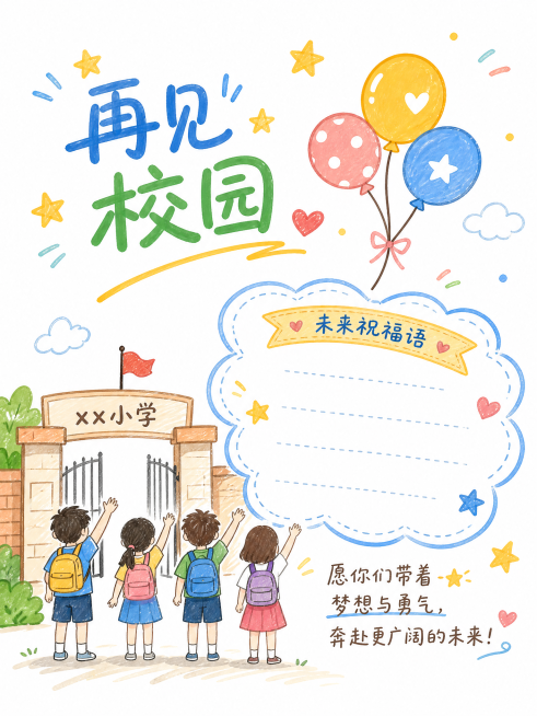 六年级成长纪念册封底：再见校园，白底手绘马克笔风格，包含校门挥手简笔画、未来祝福语文字框、气球和星星元素，温暖治愈设计预览效果