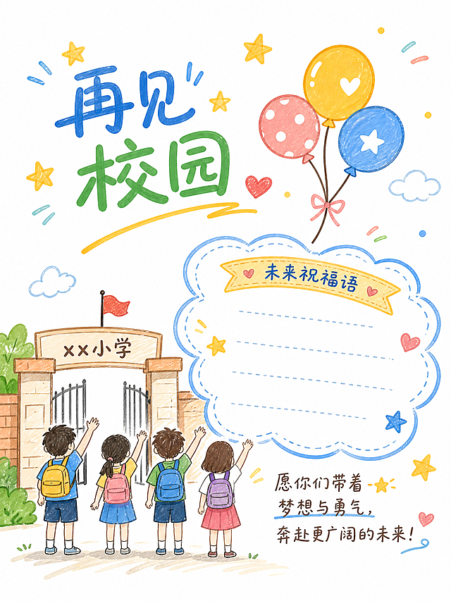 六年级成长纪念册封底：再见校园，白底手绘马克笔风格，包含校门挥手简笔画、未来祝福语文字框、气球和星星元素，温暖治愈设计