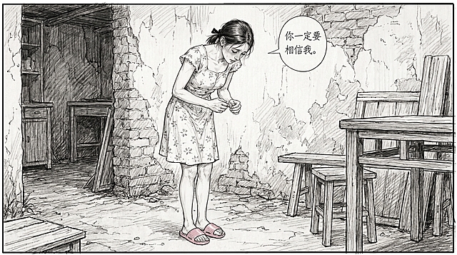 基于第一张图的李东莲，绘制她情绪平复后察觉到失礼埋下头，细声说话的分镜，台词气泡写："你一定要相信我。"，整体风格完全匹配第二张图的精细铅笔素描漫画分镜风格，保留人物碎花连衣裙和粉色拖鞋，神态局促不安，场景为破旧农村房屋