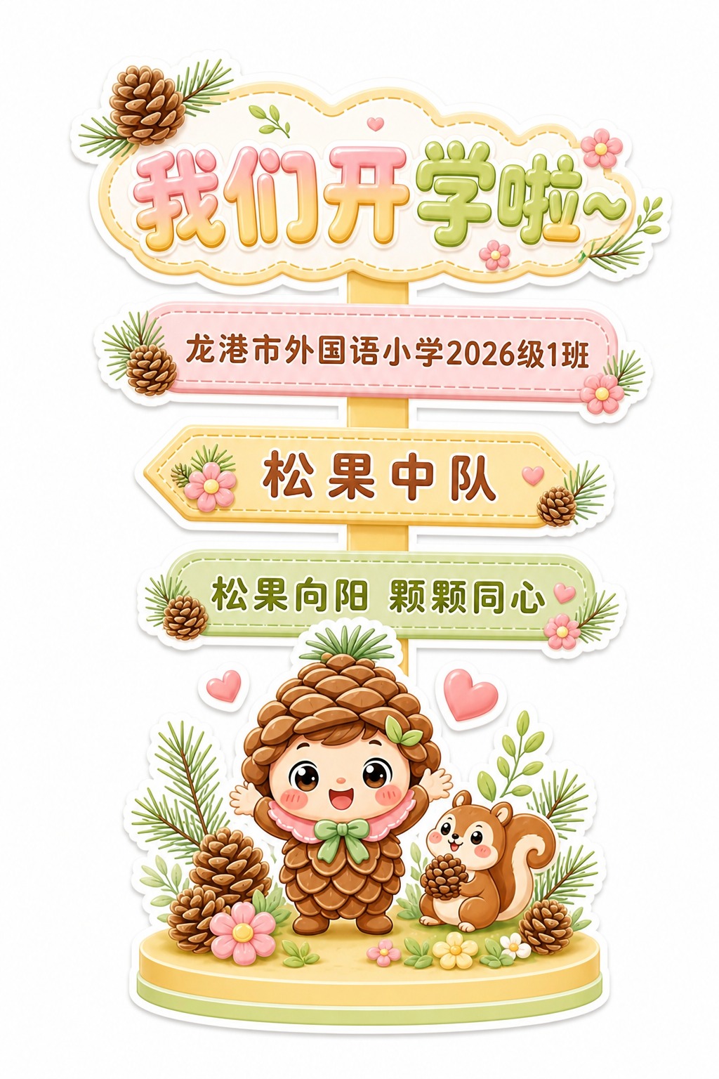 参考图二的指示牌造型和结构，生成松果中队主题的开学指示牌。整体… - 图片创意预览