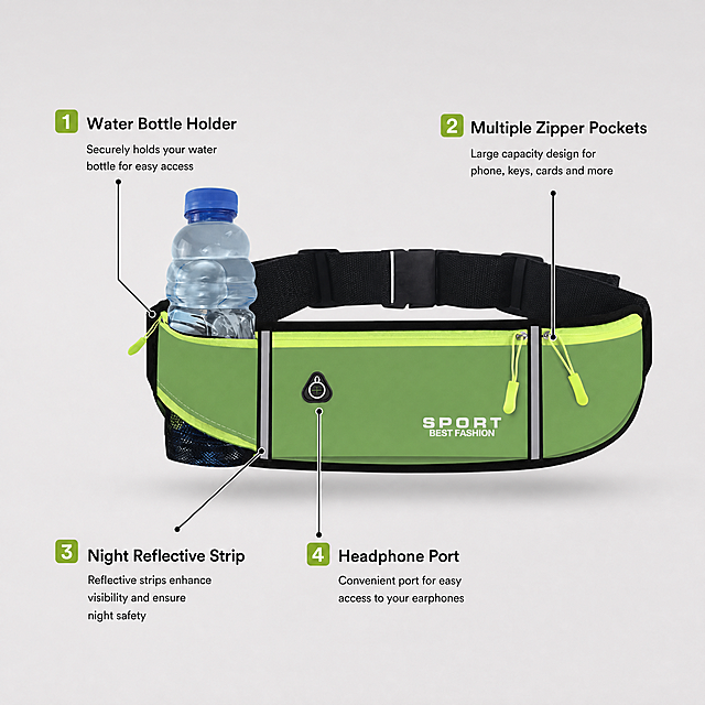 [Sub Image 3] Functional display image of the multi-pocket design running waist bag. The green waist bag is placed on a low saturation light gray background, product is slightly offset to the right, occupying 60% of the picture. Add 4 function point labels with arrows pointing to the corresponding parts: 1. Water Bottle Holder 2. Multiple Zipper Pockets 3. Night Reflective Strip 4. Headphone Port. All text is in English. The prompt points out the core selling points: durable waterproof fabric, large capacity, night safety reflection, multi-layer storage. Keep the waist bag product appearance completely consistent with the input image, water bottle is plain unbranded. [Atmosphere style] Clear functional display, professional and intuitive. [Image quality] Clear product, soft light, commercial photography. [Layout] Arrows and labels do not cover the main structure, text is clear and readable, high contrast. [Proportion resolution] 1:1 ratio, 2048x2048 pixels, 2K resolution. [Negative prompt] Deformation, text confusion, covered product, messy background.