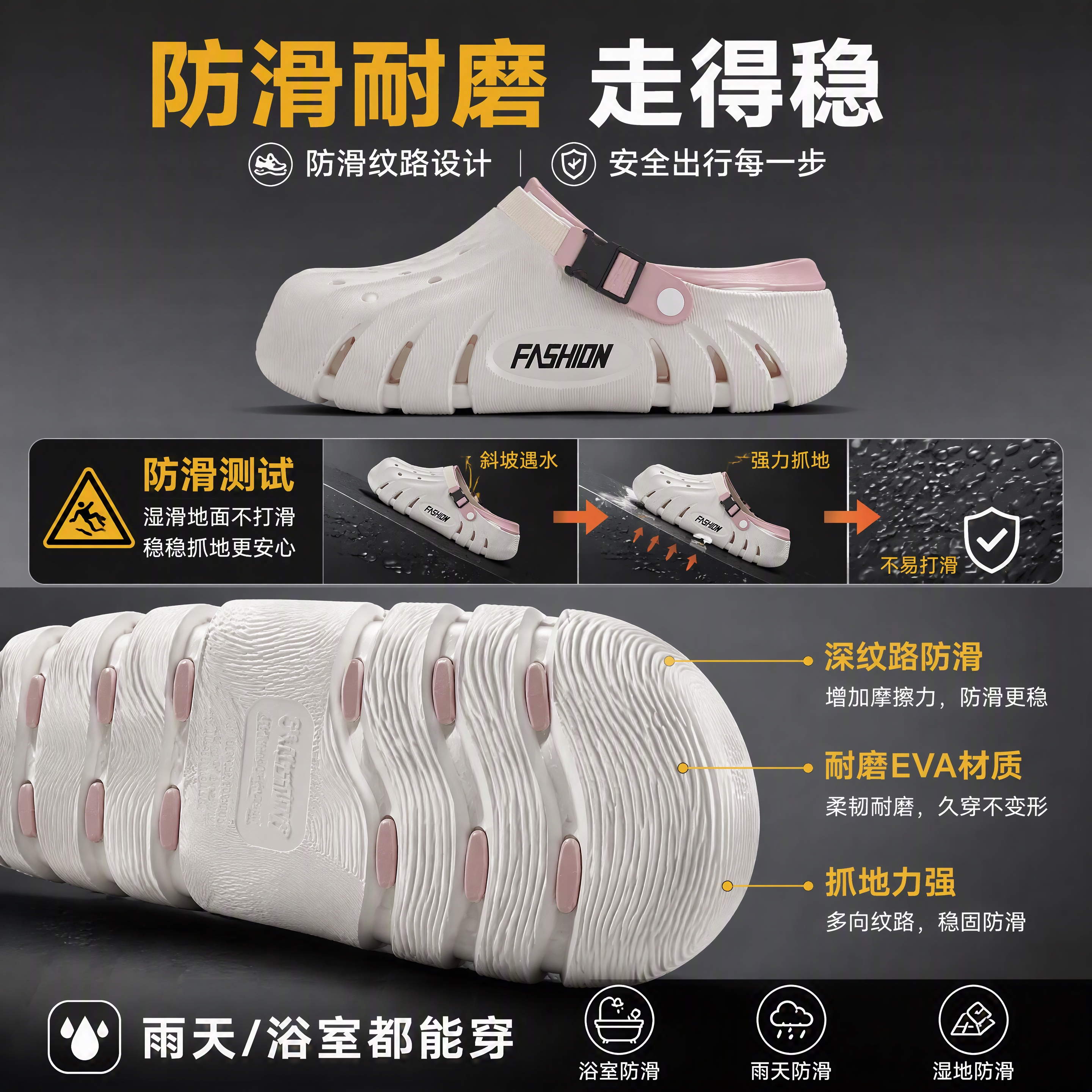 [第6张] 防滑耐磨展示页——鞋底纹路特写+防滑测试。本张使用… - 图片创意预览