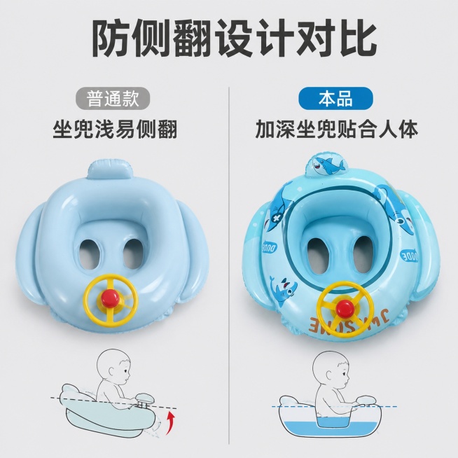 [主图-7] 普通款vs本品对比图
[氛围风格] 对比直观，卖点突出
[画质] 清晰真实，对比分明
[元素] 左右分栏布局，左侧普通游泳圈坐兜浅，标注“普通款 坐兜浅易侧翻”，右侧本品加深坐兜展示，标预览效果