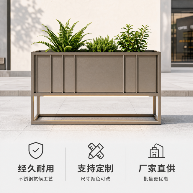 [主图-5] 商用服务保障决策图。
[氛围风格] 简洁专业，增强商业客户购买信任
[画质] 商业摄影质感，产品清晰真实，画面干净高级。
[元素] 不锈钢户外花箱完整居中展示，下方分三列展示商用专属卖点预览效果