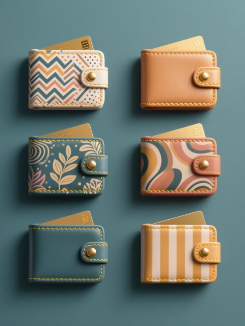 软3D风格系列钱包素材集合，保持原元素内容（关闭状态的折叠钱包、金色按扣、黄色缝线、内露金色卡片），纯色背景，整体色彩变换为六个不同色调，每个钱包正面分别具有完全不同的花纹图案（如几何图形、波浪线条、点状纹理、植物纹样、抽象图案、条纹组合），所有钱包规整排布成一行或矩阵形式，保持统一的软3D质感、光滑皮革材质表现、清晰的缝线细节和一致的光影效果，确保系列感与设计完整性。预览效果