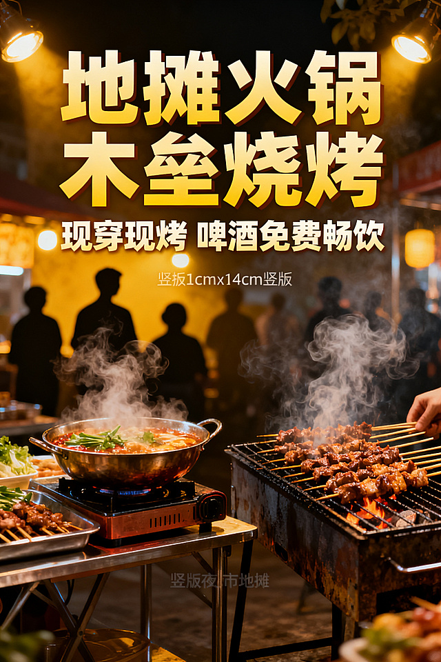 竖版夜市地摊宣传海报，展示地摊火锅和木垒烧烤，突出文案“地摊火锅 木垒烧烤 现穿现烤 啤酒免费畅饮”，烟火气风格，尺寸为21cmx14cm竖版构图