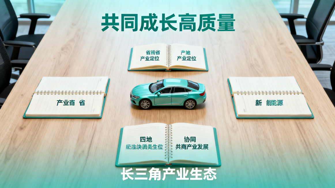 书桌排版设计，四个打开的笔记本分别放置在桌面四个方位，每个本子上写对应省份的产业定位，四个本子围绕中心摆放新能源汽车模型，办公桌面浅木纹背景，象征四地围坐协同共商产业发展，浅蓝绿色调，简约商务办公风，预览效果