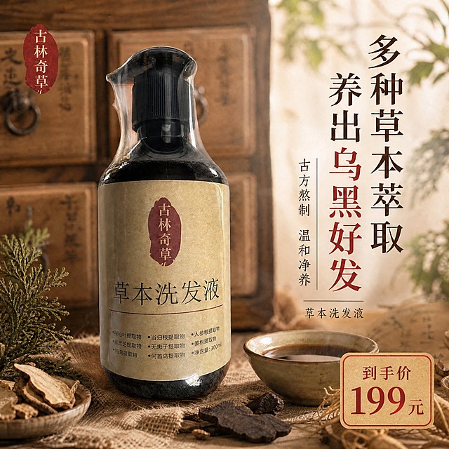 在画面右下角添加价格标签，价格为199元。保持原有中药草本国风风格不变，价格标签设计为牛皮纸质感的圆角印章样式，朱砂红色边框和文字，写有"到手价 199元"，字体为宋体风格，大小适中不遮挡产品主体，与整体古朴风格协调统一。其余画面内容、产品、背景、文字全部保持原样不变。