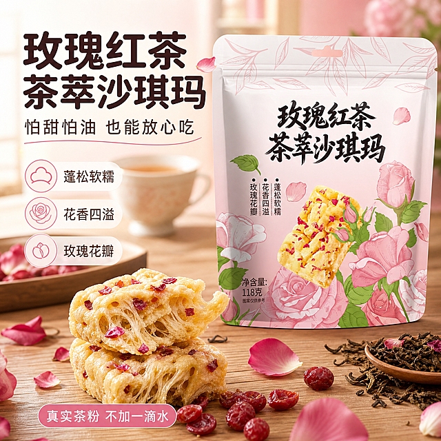 [主图-1] 抖音首图/点击率：玫瑰红茶茶萃沙琪玛场景海报，突出怕甜怕油也能吃的痛点与食欲感。
[商品] 使用图1玫瑰红茶茶萃沙琪玛粉色调立式自封袋包装，保留“玫瑰红茶 茶萃沙琪玛”书法标题、玫瑰花插画、左侧竖排卖点“蓬松软糯 花香四溢 玫瑰花瓣”与净含量118克文字；图2信息标签仅作配料依据，不改写包装文字。
[画面] 左文右图：左侧上部主标题区，右侧包装袋直立，前景一块被掰开的金黄沙琪玛露出松软拉丝组织与玫瑰花瓣碎，旁边散落重瓣玫瑰花瓣、红茶茶叶、蔓越莓干；背景为暖调原木桌面与柔粉渐变茶室，含茶杯和花瓣道具共3层以上环境元素；包装占画面约60%，微俯视平视视角。
[视觉] 套系策略：风格=抖音强食欲治愈茶点摄影；标题字=圆润粗黑体；正文字=清爽无衬线体；主色=奶油白；背景延展=奶油白到柔粉渐变与原木桌面纹理；强调色=玫瑰粉，仅用于小面积图标、胶囊标签、细引线和数字；标题色=深玫瑰褐；正文色=暖棕灰；组件=圆角信息卡、胶囊标签、圆形图标、细引线；光影=自然暖阳柔光。
[文字] 主标题“玫瑰红茶 茶萃沙琪玛”深玫瑰褐圆润粗黑体；副标题“怕甜怕油 也能放心吃”暖棕灰无衬线体；底部胶囊标签“真实茶粉 不加一滴水”；全部横排，文字放负空间不遮挡包装主体。
[输出] 1:1比例，2K，中文简体；避免包装变形、包装文字错乱、错字、文字过小、新增竖排文字、平台Logo、水印、二维码、绝对化用语、冷蓝冷灰背景。