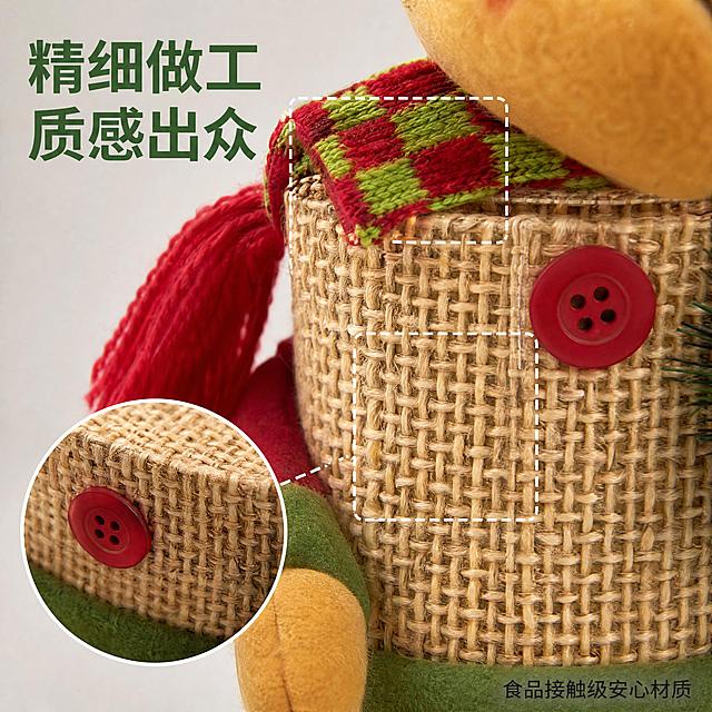 [主图-3] 圣诞糖果罐子材质细节展示图。保持产品纹理、颜色、材质和原产品图一致，杜绝变形和色差。风格为卡通美式现代简约，细节突出。商业摄影质感，光线柔和通透，产品清晰真实，画面干净高级。局部放大展示糖果罐子的麻布罐身和布艺接口细节，放大区域用自然虚线框标注，主体细节占比70%，背景为浅灰色简约背景，画面满屏无边框。侧逆光突出麻布的纹理质感，清晰展示编织肌理和缝线做工，明暗对比自然。低饱和度背景突出产品本身的红绿色彩，层次分明。微距特写，聚焦产品做工细节，清晰呈现材质特点。左上角标题为"精细做工 质感出众"，绿色粗体；右下角标注"食品接触级安心材质"，小号深灰色文字，不遮挡主体细节。1:1比例，4k分辨率，文字清晰锐利，画面超高清。负向提示词：变形，水印，文字错乱，产品图模糊，背景杂乱