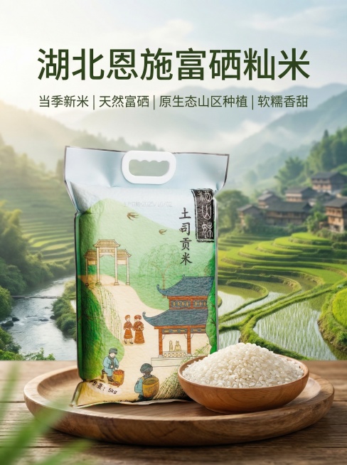 基于参考图片生成淘宝天猫电商主图，商品为湖北恩施富硒籼米，当季新米，简约山地田园风，展示整袋5kg装土司贡米和木碗里晶莹饱满的米粒，整体风格简约清新，突出天然富硒、原生态山区种植、软糯香甜的卖点预览效果
