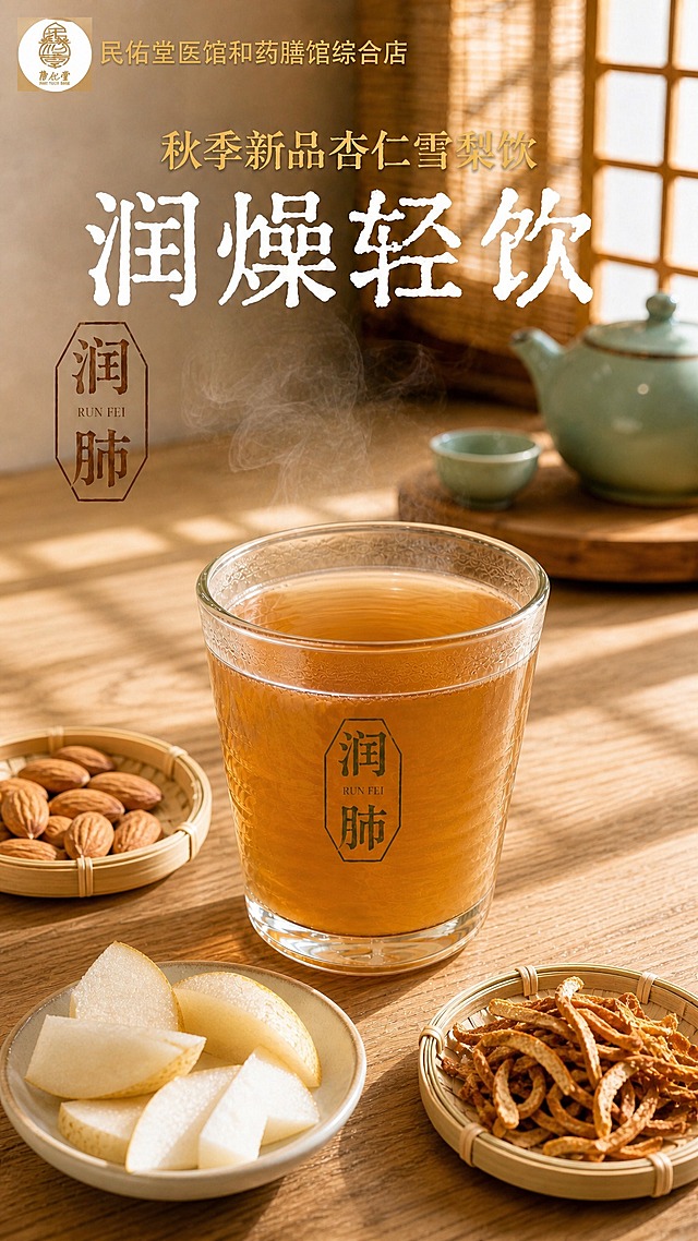 修改这张海报：
1. 去掉两杯饮品表面的桂花碎点缀，茶汤表面干净清澈
2. 去掉画面中所有多余的药材：无花果、莲子、五指毛桃根茎、桔梗片、紫色花干等全部移除
3. 只保留并突出展示三种核心原材料：杏仁（甜杏仁）、雪梨块/雪梨片、陈皮丝
4. 在玻璃杯周围的木桌上自然摆放：一小竹碟杏仁、新鲜雪梨切块或切片、一小竹碟陈皮丝，食材真实有质感
5. 保留品牌logo、主标题「润燥轻饮」、副标题「秋季新品杏仁雪梨饮」、杯身「润肺」印章标签、左上角竖排「润肺」印章
6. 保留背景竹帘、木格窗、青瓷茶具的中式场景和暖调自然光氛围
7. 饮品保持琥珀黄褐色透明茶汤，带热气
8. 整体画面更简洁干净，聚焦杏仁、雪梨、陈皮三种核心食材与饮品的呼应

画面比例9:16，竖版，写实商业摄影质感，版式精美。