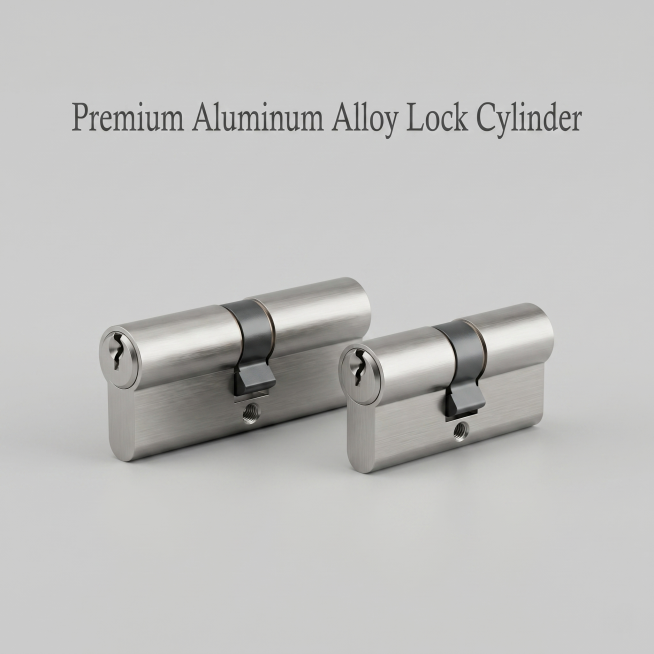 铝合金锁芯产品主图，简约简约背景，展示锁芯产品，英文文案"Premium Aluminum Alloy Lock Cylinder"，1:1尺寸，风格简约，突出产品质感预览效果