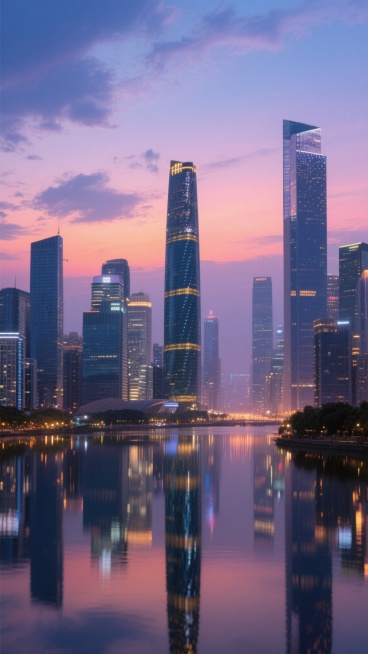 超写实夜景城市风光，渐变的蓝紫色至橙粉色黄昏天空，云彩柔和散布，灯火辉煌的现代摩天大楼群，高楼外墙玻璃反射着天光与灯光，水面平静倒映城市璀璨灯火，城市中心有标志性高耸建筑，建筑群密度适中错落有致，远处地平线隐约可见，整体氛围宁静而繁华，光线柔和自然，具有电影级质感和深度，高分辨率细节丰富。预览效果