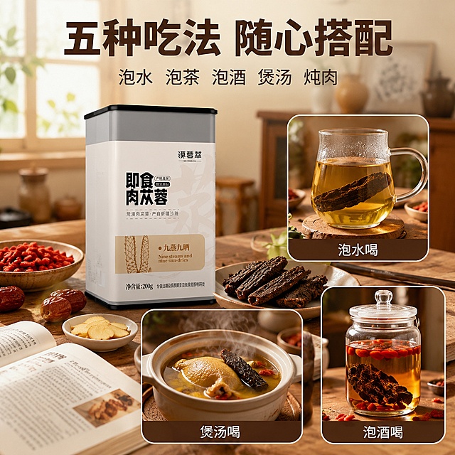 [主图-4] 即食肉苁蓉多种食用方式场景图，画中画拼贴版式。
[氛围风格] 居家养生生活风，温馨实用，传递日常滋补感；
[画质] 商业摄影质感、光线柔和温暖、产品清晰真实、画面干净高级。
[元素] 画面主体为温馨中式厨房餐桌场景，漠蓉萃即食肉苁蓉铁罐放置在餐桌中央偏左位置，正面展示。右侧与下方采用画中画拼贴形式，三个圆角小图分别展示三种食用方式：上方小图展示玻璃杯泡肉苁蓉茶，茶汤金黄透亮，杯壁有水珠；左下小图展示陶瓷汤煲里炖着肉苁蓉鸡汤，冒着热气；右下小图展示玻璃泡酒罐中泡着肉苁蓉与枸杞。主场景桌面还摆放着枸杞、红枣、姜片等搭配食材，以及一本打开的养生书籍。**保持产品外观（即物理结构、材质质感、颜色、标签文字排版）与输入产品图绝对一致，杜绝任何变形和色差，精细化处理**。商品主体占比严格控制在50%左右；画面满屏无边框。
[光影] 暖调室内自然光从窗户洒入，整体光线柔和均匀，每个画中画小图内光影与主场景统一为暖调，茶汤与酒液有通透光泽，汤煲热气轻盈。
[配色] 主色调暖棕与米白；辅色金黄、浅绿、深红点缀。
[视角构图] 平视角度，主场景产品为视觉重心，右侧与下方三张小图呈L形排布，画中画边框为细白线，每个小图下方带名称标注。
[文字版式] 顶部居中大字主文案"五种吃法 随心搭配"，深棕色最大号粗体；下方辅助小字"泡水 泡茶 泡酒 煲汤 炖肉"，均匀排列。每个画中画小图下方分别标注"泡水喝""煲汤喝""泡酒喝"，白色小字配半透明深棕底条。
[输出要求] 1:1比例，2048px*2048px，文字清晰锐利，画面超高清商业摄影质感。
[负向提示词] 变形，文字错乱，产品图模糊，背景杂乱，水印，电商平台Logo，医疗功效宣称，绝对化用语。