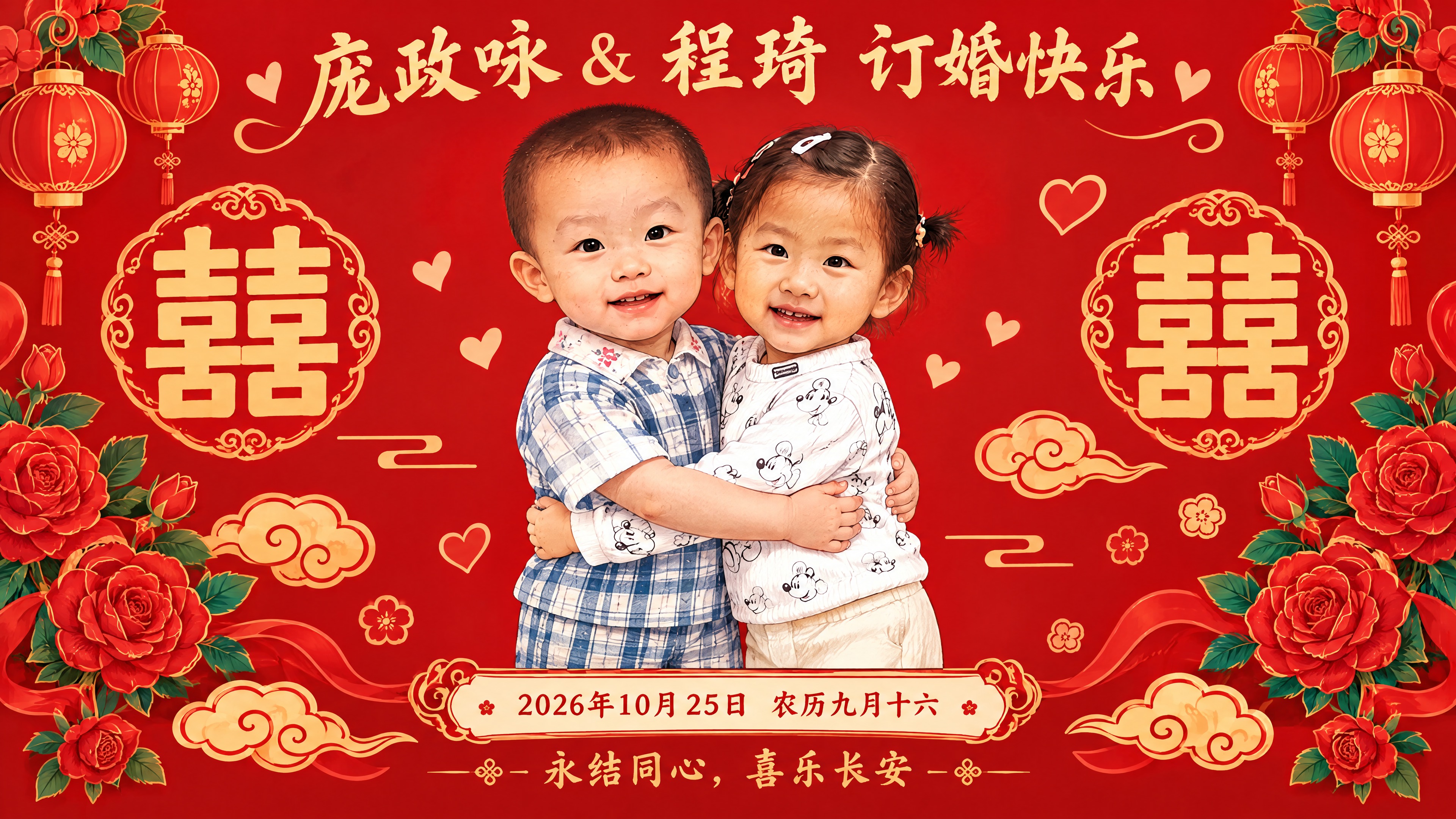国潮卡通手绘风格订婚背景图，正红色背景，16:9横版。画面中央… - 图片创意预览