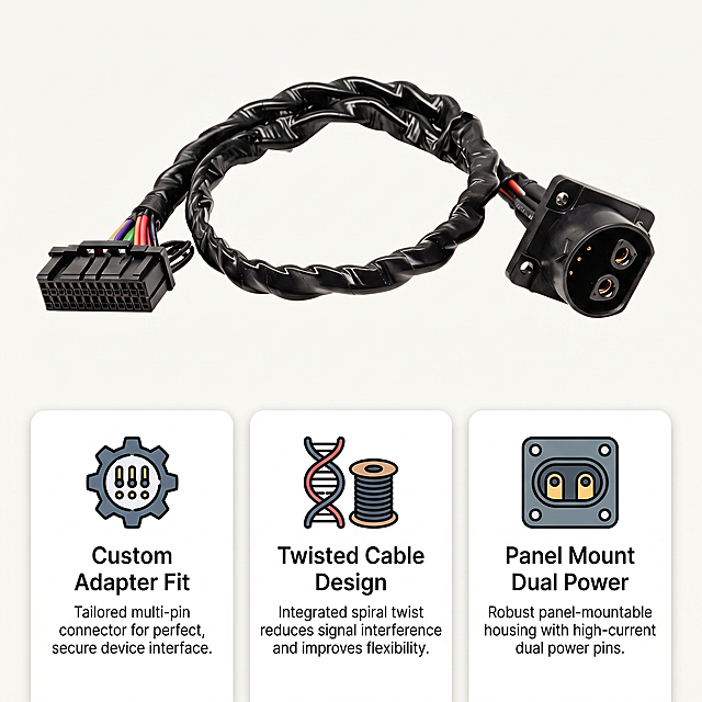 [Main Image 3] Core product features. Keep original product appearance. Show three core advantages with icons and English text in three columns on light background: 1. Icon with text "Custom Adapter Fit"; 2. Icon with text "Twisted Cable Design"; 3. Icon with text "Panel Mount Dual Power". Product displayed on upper half of image, three feature cards at bottom. All text in English. 1:1 square.