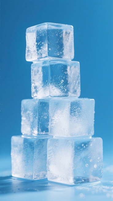 晶莹剔透的立方体冰块，在明亮的蓝色背景上堆叠，冰块表面有自然的棱角和细微的气泡纹理，光线从上方照射，在冰块边缘形成高光和透明感，整体呈现出清凉、纯净的氛围，具有摄影般的写实质感和清晰的细节。预览效果