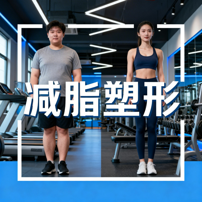 美团健身团购主图，方形1:1，画面突出"减脂塑形"主题，有瘦身前后对比人物，现代健身场馆场景，现代简约风格，主标题文字"减脂塑形"清晰醒目，商业宣传用途预览效果