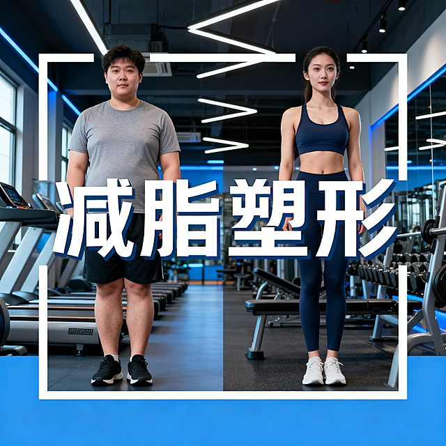 美团健身团购主图，方形1:1，画面突出"减脂塑形"主题，有瘦身前后对比人物，现代健身场馆场景，现代简约风格，主标题文字"减脂塑形"清晰醒目，商业宣传用途