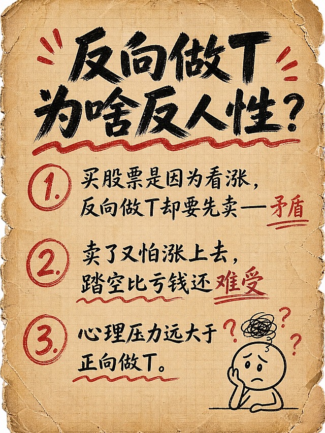复古做旧牛皮纸背景，带有淡淡的方格线，纸张边缘有撕裂磨损效果，手绘毛笔书法风格。顶部大标题粗黑毛笔字"反向做T为啥反人性？"，红色波浪线。中间分三点手写文字：1. "买股票是因为看涨，反向做T却要先卖——矛盾" 2. "卖了又怕涨上去，踏空比亏钱还难受" 3. "心理压力远大于正向做T"。每一点前面画红色数字序号。右下角画一个纠结的小人简笔画或者大脑思考的涂鸦。整体红黑配色，手写笔记感，竖版构图