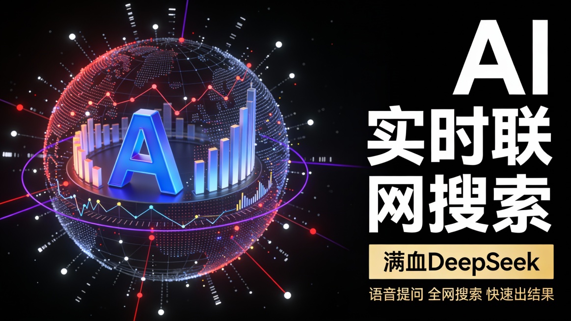 这是一张数据驱动感的 AI 产品宣传图，采用左图右文构图。左侧视觉核心是：一个由动态柱状图、折线图与粒子光点交织而成的 3D 数据球体，球体中心嵌入蓝色立体 “A” 字母，象征 AI 引擎驱动数据运算预览效果