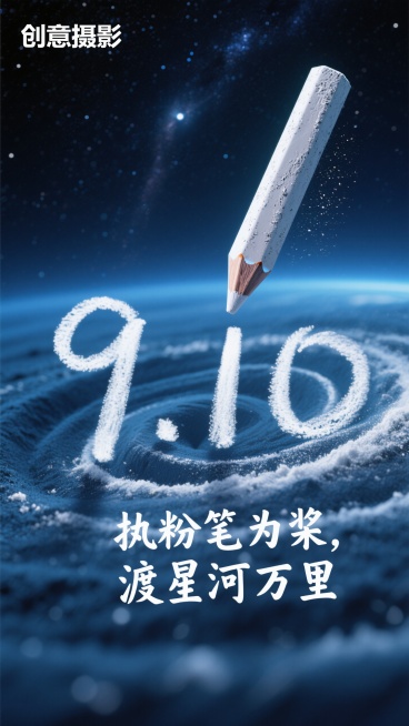白色的粉笔字“9.10”，下面有一行小字“执粉笔为桨，渡星河万里”，展现粉笔的纹理和粉末颗粒感。放在深邃星空宇宙蓝背景，极细的粉笔粉末形成旋涡，旋涡的上面有跟粉笔，预览效果
