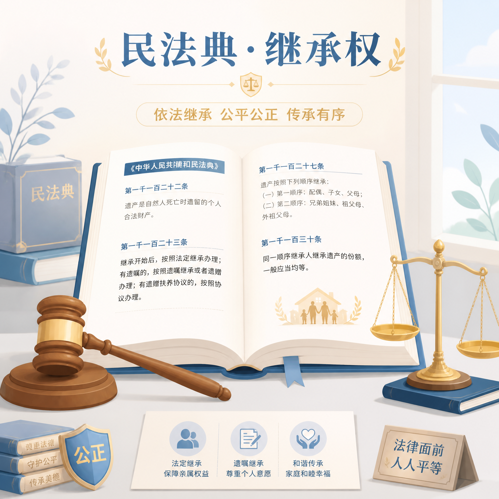 民法典继承权法律科普插画，简约概念图风格。画面中央摆放一本打开… - 图片创意预览