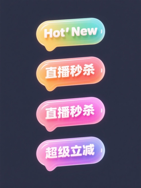 4个规整排布的促销标签素材，每个标签均为单一纯色背景，标签文案分别为Hot、New、直播秒杀、超级立减，整体采用Q版卡通风格，具有圆润可爱的3D果冻质感，边缘有柔和的渐变高光，色彩鲜亮明快，呈现出饱满的立体感和光滑的半透明果冻表面效果，设计简洁清晰，信息传达直接，符合促销活动的活泼氛围。预览效果