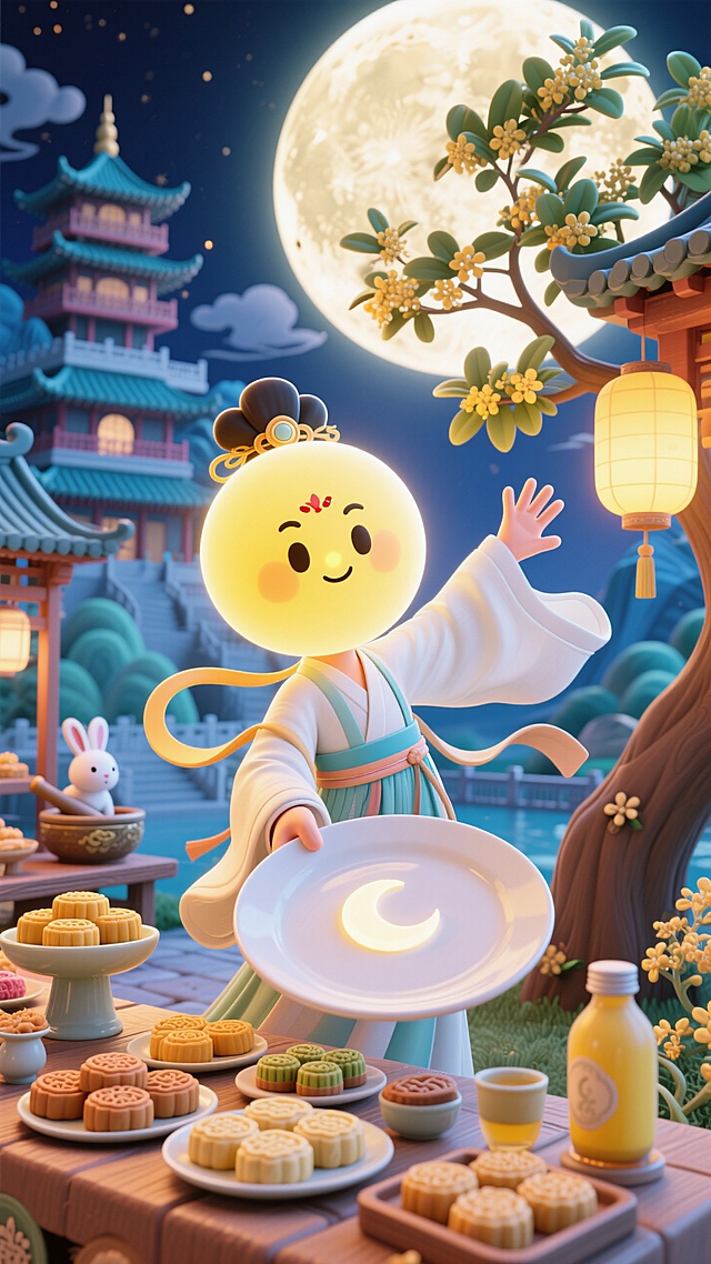 拟人化的黄色圆月（有五官，穿月白色广袖汉服造型灵动），在月宫桂树旁设摊，左手端着一个嵌有小月亮装饰的空盘子冲向镜头伸手，右手向后，双手纵向打开形成动态感，盘子为视觉中心焦点正对镜头。摊位上放满了月光形状的糕点和桂花酿，背景是巍峨的广寒宫与捣药的玉兔，特写。​