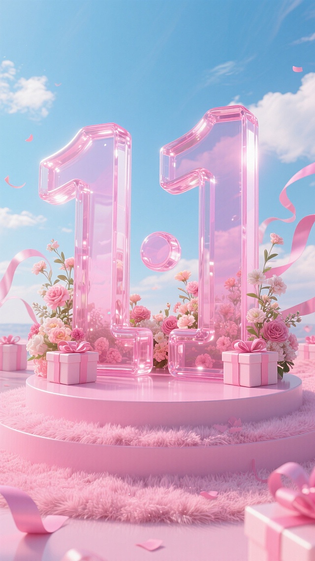 梦幻粉红玻璃风3D数字“11.1”，轻拟物毛发生长基座，缀以鲜花礼盒，浪漫喜庆氛围扑面而来。