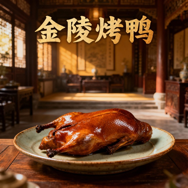 做一个金陵烤鸭的图片，明朝风格和字体预览效果