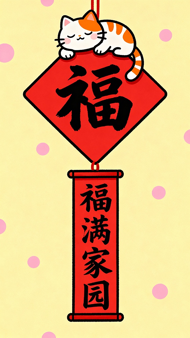 一张中国传统新年风格的插画海报，画面中央是一个红色菱形挂饰，挂饰顶部趴着一只橘白相间的可爱卡通猫咪，猫咪闭着眼睛，表情温顺慵懒，挂饰中间有一个醒目的黑色书法大字“福”，挂饰下方悬挂着一个红色长条形卷轴，卷轴上用黑色书法字体写着“福满家园”，背景是淡黄色，上面点缀着许多粉色的小圆点作为装饰，整体风格喜庆、温馨、可爱，充满节日氛围，采用简洁明快的卡通绘画风格，线条圆润流畅，色彩鲜明和谐，视觉层级清晰，核心信息突出。
