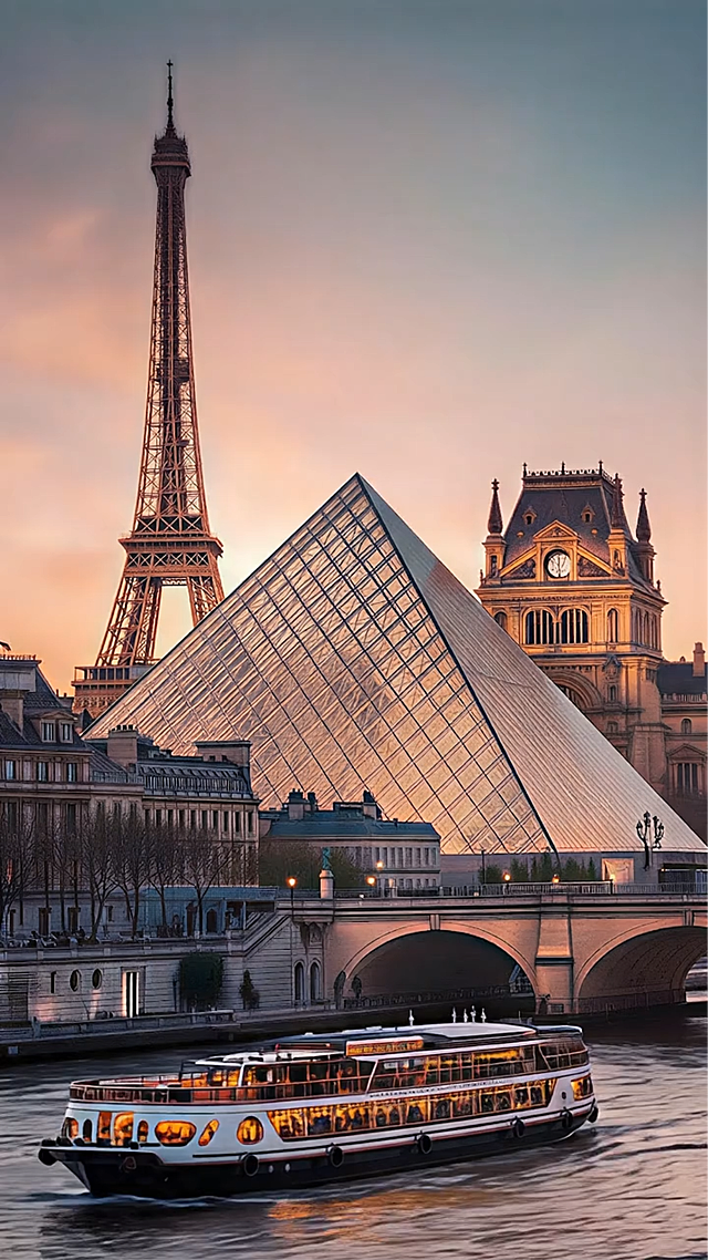 延时摄影效果，15秒时长，画面中的游船在塞纳河上缓慢向前行驶，水面泛起柔和的波纹，天空颜色柔和渐变，保持整体画面的氛围感和建筑的静止状态