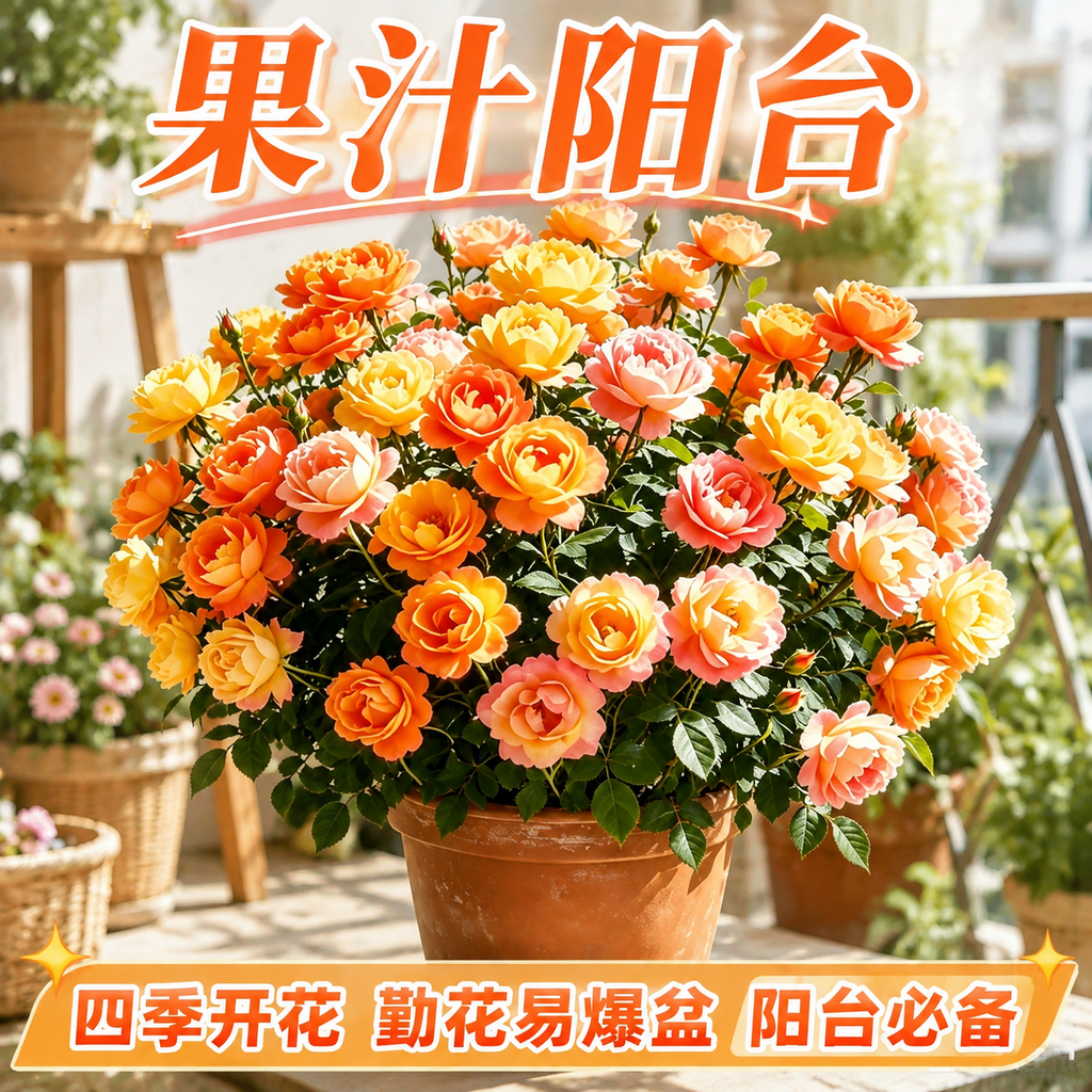 淘宝天猫电商主图，1:1正方形，画面主体为果汁阳台月季花盆栽，… - 图片创意预览