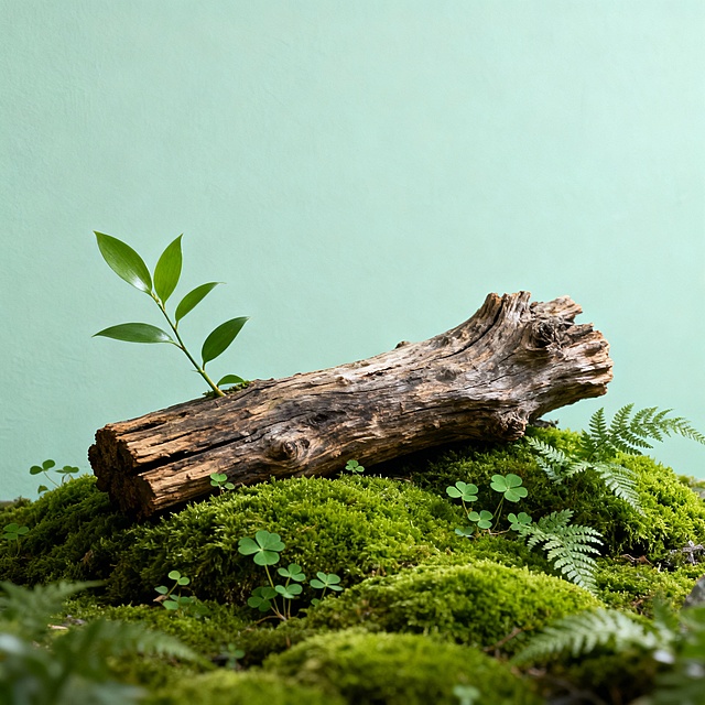 极简清新的自然微景观，一截沧桑的老木横卧在蓬松的鲜绿色苔藓上，木头上生出嫩绿叶芽，周围点缀细小的三叶草和蕨类；背景是浅薄荷绿的纯色墙面，8K 超写实，质感细腻，氛围宁静治愈，留白充足，新中式轻禅意风格。