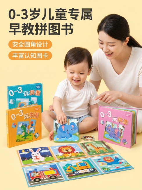 电商详情图，展示0-3岁儿童玩拼图玩具书，延续原图的卡通可爱风格，干净明亮的纯色背景，突出产品设计，适合电商展示。原图是三本不同颜色封面的儿童拼图书和内页拼图，风格为卡通动物和交通工具，色彩鲜艳柔和。预览效果