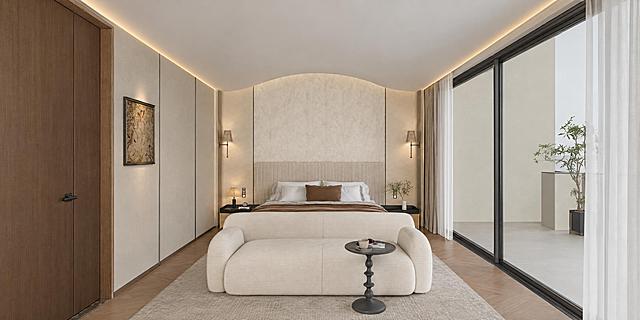 将这张卧室设计图渲染为真实实景图，白天自然光场景，不要出现斑驳阳光，整体光线均匀柔和真实，不要曝光，整体色系不要太暗，主要体现真实感，不要出现斑驳感。

空间结构与造型严格保留原图不变：
1. 天花保留原有弧形造型不变，材质为白色乳胶漆，两侧红线位置有微弱藏光灯带，藏光灯带发光均匀柔和，不要出现斑驳的光斑，渲染出图后红色线条全部去除。
2. 原有2公分踢脚线保留。
3. 睡床背景墙面保留原有造型线条以及材质不变，睡床背景中间纹理为米白色肌理墙布，保留原来图案不变，纹理细腻不要太大，睡床背景两侧与中间区域的材质要区分开来，保留原有图片的颜色以及造型。
4. 左边墙面为浅米白色手工漆，棕色区域为榆木色木饰面房门，纹理细腻不要太大，颜色保留原有颜色。
5. 左边挂画中间有微弱射灯光晕，光晕在挂画正中间，光晕柔和不要曝光。
6. 台灯以及壁灯有微弱光晕，光晕柔和不要曝光，两侧壁灯位置按照如图位置不变。
7. 右边铝合金窗外为露台，室内地面材质为木地板拼花，不要体现砖缝线，保留原有地面图案不变，地面材质为哑光面不要反光，地板颜色按照如图不变；露台地面材质为哑光浅米白色地砖，不要体现砖缝。
8. 床上的枕头材质颜色按照如图所示不变，床上材质为绒布，纹理细腻不要太大。
9. 床尾区域有米白色绒布地毯，沙发材质为浅米白色绒布，茶几为中度灰色不锈钢饰面，不锈钢反射度为0，完全哑光无反光。

整体要求：超写实真实室内摄影效果，材质质感真实细腻，灯光氛围柔和自然不曝光，暂不体现阳光，画面干净通透，真实实景感强。