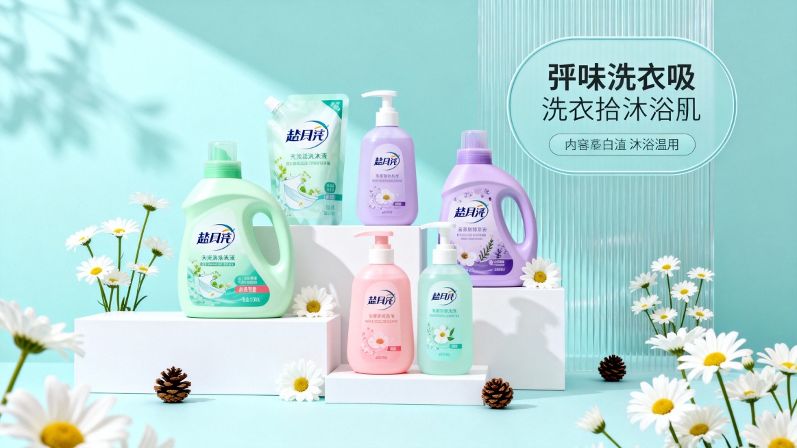 多款清洁日化产品（洗衣液、洗手液、沐浴露等）摆放在简约白色展示台上，周围点缀白色洋甘菊与装饰小松果，浅薄荷蓝为主背景色，搭配产品本身的淡绿、淡紫、淡粉等柔和马卡龙色系，背景加入轻透的竖条纹纹理，产品包预览效果