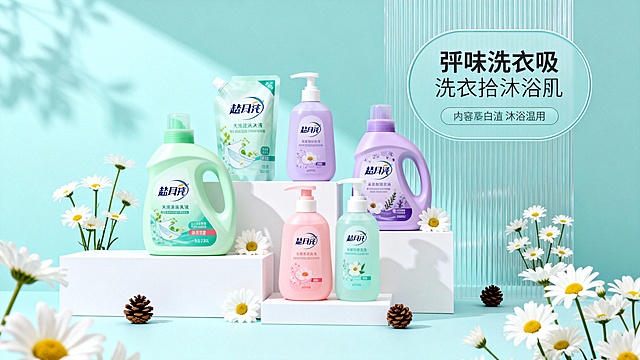 多款清洁日化产品（洗衣液、洗手液、沐浴露等）摆放在简约白色展示台上，周围点缀白色洋甘菊与装饰小松果，浅薄荷蓝为主背景色，搭配产品本身的淡绿、淡紫、淡粉等柔和马卡龙色系，背景加入轻透的竖条纹纹理，产品包装清晰呈现标识与图案，整体画面通透有呼吸感，电商产品宣传图，清新治愈风，质感细腻的商业摄影风，平视略偏俯视的角度，产品居中展示，右侧有圆角矩形框，框内有产品卖点文字